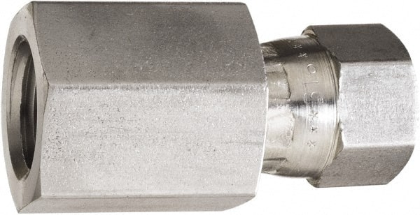 Made in USA - 1/4" Tube OD, 37° Stainless Steel Flared Tube Swivel Connector - 7/16-20 NPT, Female Flare x FNPT Ends - Exact Tooling