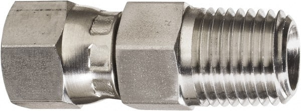Made in USA - 3/8" Tube OD, 37° Stainless Steel Flared Tube Swivel Connector - 9/16-18 NPT, Female Flare x MNPT Ends - Exact Tooling