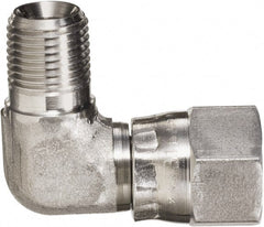 Made in USA - 5/8" Tube OD, 37° Stainless Steel Flared Tube Male Elbow - 7/8-14 NPT, Female Flare x MNPT Ends - Exact Tooling