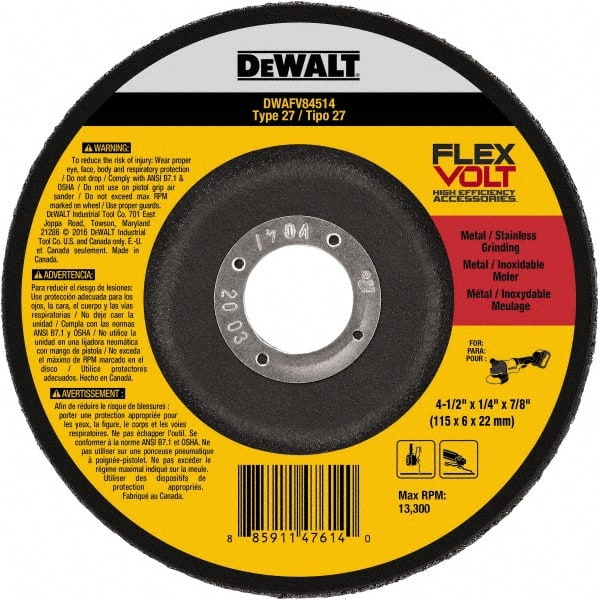 DeWALT - 4-1/2" Wheel Diam, 1/4" Wheel Thickness, 7/8" Arbor Hole, Type 27 Depressed Center Wheel - Fine/Coarse Grade, Ceramic, 13,300 Max RPM - Exact Tooling
