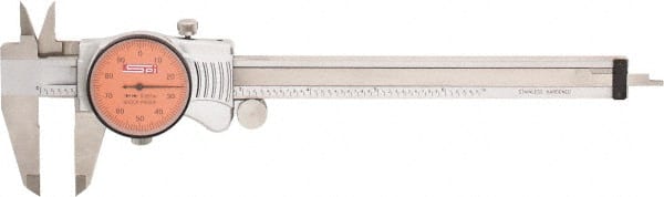 SPI - 0" to 6" Range, 0.001" Graduation, 0.1" per Revolution, Dial Caliper - Orange Face, 1.57" Jaw Length, Accurate to 0.0010" - Exact Tooling