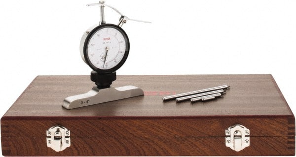 SPI - 0 to 4" Range, Steel, White Dial Depth Gage - 0.001" Graduation, 0.002" Accuracy, 4" Base Measuring Length - Exact Tooling
