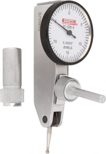 SPI - 0.03" Range, 0.0005" Dial Graduation, Horizontal Dial Test Indicator - 1-1/4" White Dial, 0-15-0 Dial Reading, Accurate to 0.0005" - Exact Tooling