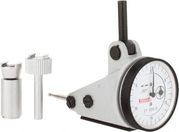 SPI - 0.06" Range, 0.001" Dial Graduation, Vertical Dial Test Indicator - 1-3/16" White Dial, 0-15-0 Dial Reading, Accurate to 0.0012" - Exact Tooling