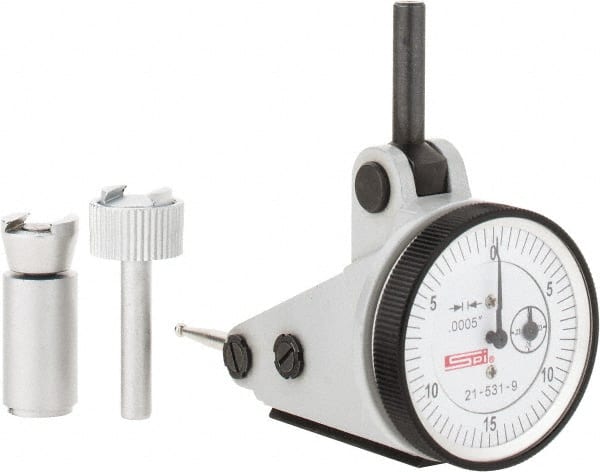 SPI - 0.06" Range, 0.0005" Dial Graduation, Vertical Dial Test Indicator - 1-3/16" White Dial, 0-15-0 Dial Reading, Accurate to 0.0012" - Exact Tooling