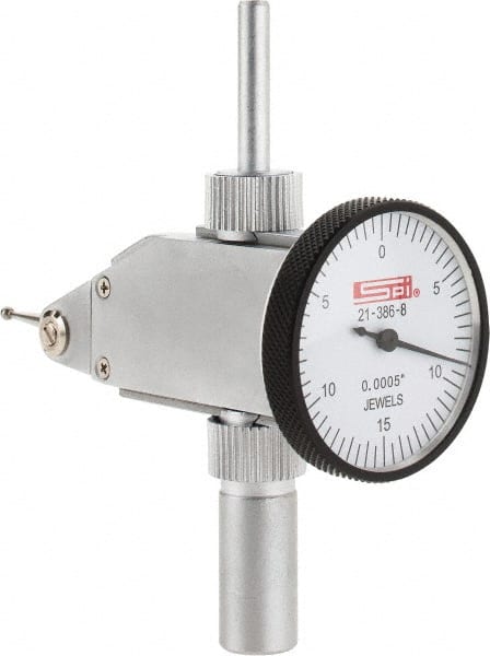 SPI - 0.03" Range, 0.0005" Dial Graduation, Vertical Dial Test Indicator - 1-1/4" White Dial, 0-15-0 Dial Reading, Accurate to 0.0005" - Exact Tooling