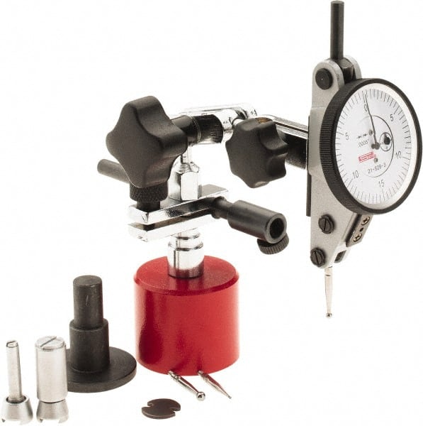SPI - 9 Piece, 0" to 0.06" Measuring Range, 1-1/2" Dial Diam, 0-15-0 Dial Reading, White Dial Test Indicator Kit - 0.0012" Accuracy, 0.86" Contact Point Length, 0.079" Ball Diam, 0.0005" Dial Graduation - Exact Tooling