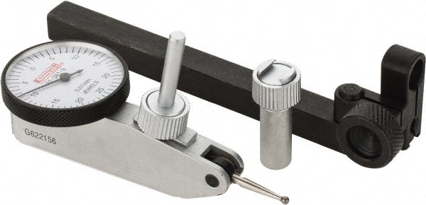 SPI - 8 Piece, 0mm to 0.5mm Measuring Range, 32mm Dial Diam, 0-25-0 Dial Reading, White Dial Test Indicator Kit - 0.013mm Accuracy, 17.3mm Contact Point Length, 2mm Ball Diam, 0.01mm Dial Graduation - Exact Tooling