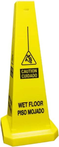 PRO-SAFE - Caution - Cuidado - Wet Floor - Piso Mojado, 10-1/2" Wide x 25-3/4" High, Polyethylene Floor Sign - English/Spanish, Cone, Black on Yellow, For Accident Prevention - Exact Tooling