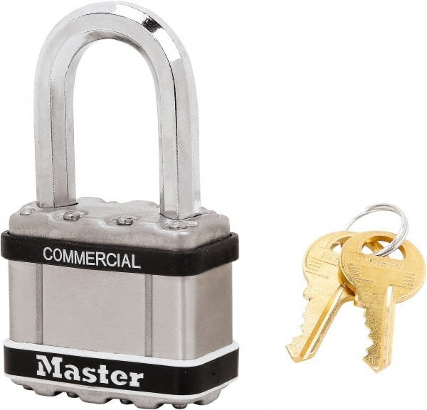 Master Lock - 1-1/2" Shackle Clearance, Keyed Alike Padlock - 3/8" Shackle Diam, Laminated Steel - Exact Tooling