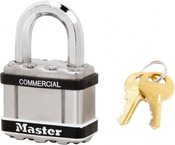 Master Lock - 1" Shackle Clearance, Keyed Alike Padlock - 3/8" Shackle Diam, Laminated Steel - Exact Tooling