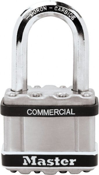 Master Lock - 1-1/2" Shackle Clearance, Keyed Different Padlock - 3/8" Shackle Diam, Laminated Steel - Exact Tooling