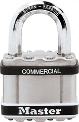 Master Lock - 1" Shackle Clearance, Keyed Different Padlock - 3/8" Shackle Diam, Laminated Steel - Exact Tooling