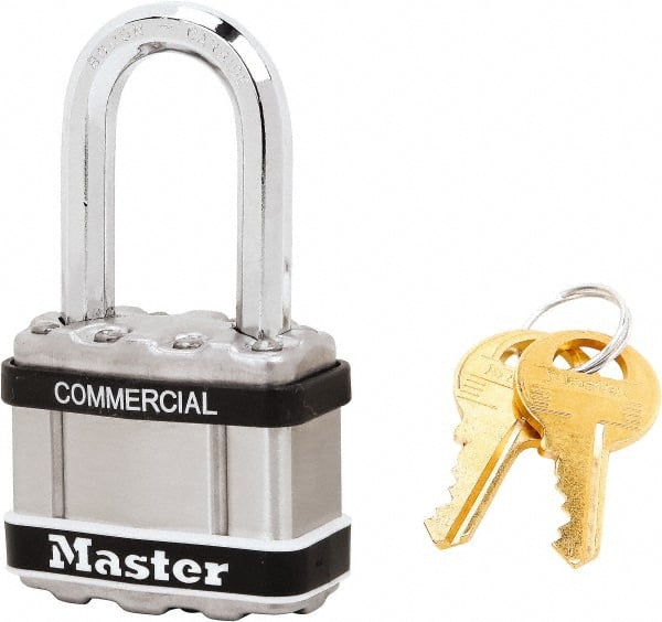 Master Lock - 1-1/2" Shackle Clearance, Keyed Alike Padlock - 5/16" Shackle Diam, Laminated Steel - Exact Tooling