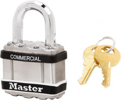 Master Lock - 1" Shackle Clearance, Keyed Alike Padlock - 5/16" Shackle Diam, Laminated Steel - Exact Tooling