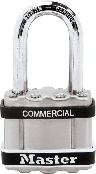 Master Lock - 1.51" Shackle Clearance, Keyed Different Padlock - 5/16" Shackle Diam, Laminated Steel - Exact Tooling
