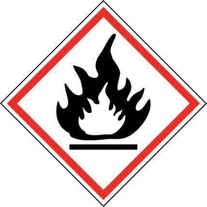 NMC - Hazardous Materials Label, Header: Flammable Warning - Legend: GHS - Graphic, English, Black & Red, 4" Long x 4" High, No Coating - Exact Tooling