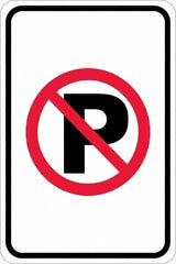 NMC - "No Parking Anytime", "Strike on P", 12" Wide x 18" High, Aluminum No Parking & Tow Away Signs - 0.08" Thick, Red & Black on White, Engineer Grade Reflectivity, Rectangle, Post Mount - Exact Tooling