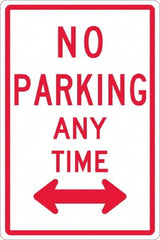 NMC - "No Parking Anytime", "Double Arrow", 12" Wide x 18" High, Aluminum No Parking & Tow Away Signs - 0.063" Thick, Red on White, Rectangle, Post Mount - Exact Tooling