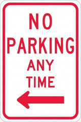 NMC - "No Parking Anytime", "Left Arrow", 12" Wide x 18" High, Aluminum No Parking & Tow Away Signs - 0.08" Thick, Red on White, High Intensity Reflectivity, Rectangle, Post Mount - Exact Tooling