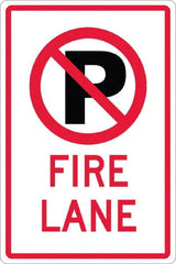 NMC - "Fire Lane", "Strike on P", 12" Wide x 18" High, Aluminum No Parking & Tow Away Signs - 0.063" Thick, Red & Black on White, Engineer Grade Reflectivity, Rectangle, Post Mount - Exact Tooling