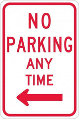 NMC - "No Parking Anytime", "Left Arrow", 12" Wide x 18" High, Aluminum No Parking & Tow Away Signs - 0.08" Thick, Red on White, Engineer Grade Reflectivity, Rectangle, Post Mount - Exact Tooling