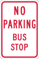 NMC - "No Parking Bus Stop", 12" Wide x 18" High, Aluminum No Parking & Tow Away Signs - 0.08" Thick, Red on White, High Intensity Reflectivity, Rectangle, Post Mount - Exact Tooling