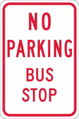 NMC - "No Parking Bus Stop", 12" Wide x 18" High, Aluminum No Parking & Tow Away Signs - 0.08" Thick, Red on White, Engineer Grade Reflectivity, Rectangle, Post Mount - Exact Tooling
