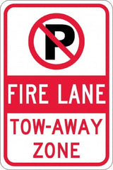 NMC - "Fire Lane Tow-Away Zone", "Strike on P", 12" Wide x 18" High, Aluminum No Parking & Tow Away Signs - 0.08" Thick, Red & Black on White, Engineer Grade Reflectivity, Rectangle, Post Mount - Exact Tooling