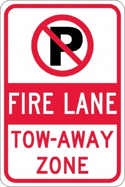 NMC - "Fire Lane Tow-Away Zone", "Strike on P", 12" Wide x 18" High, Aluminum No Parking & Tow Away Signs - 0.08" Thick, Red & Black on White, High Intensity Reflectivity, Rectangle, Post Mount - Exact Tooling