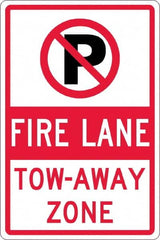 NMC - "Fire Lane Tow-Away Zone", "Strike on P", 12" Wide x 18" High, Aluminum No Parking & Tow Away Signs - 0.063" Thick, Red & Black on White, Rectangle, Post Mount - Exact Tooling