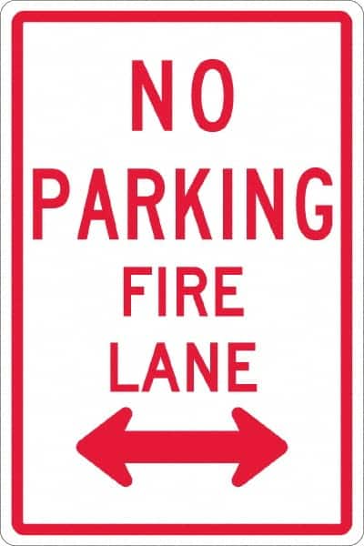 NMC - "No Parking - Fire Lane", "Double Arrow", 12" Wide x 18" High, Aluminum No Parking & Tow Away Signs - 0.063" Thick, Red on White, Rectangle, Post Mount - Exact Tooling