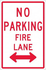 NMC - "No Parking - Fire Lane", "Double Arrow", 12" Wide x 18" High, Aluminum No Parking & Tow Away Signs - 0.063" Thick, Red on White, Rectangle, Post Mount - Exact Tooling