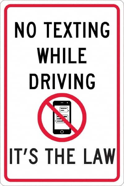 NMC - "No Texting While Driving It's The Law", "Strike on Cell Phone", 12" Wide x 18" High, Aluminum Warning & Safety Reminder Signs - 0.063" Thick, Red & Black on White, Rectangle, Post Mount - Exact Tooling