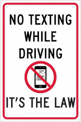 NMC - "No Texting While Driving It's The Law", "Strike on Cell Phone", 12" Wide x 18" High, Aluminum Warning & Safety Reminder Signs - 0.063" Thick, Red & Black on White, Rectangle, Post Mount - Exact Tooling