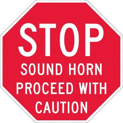 NMC - "Stop - Sound Horn Proceed With Caution", 36" Long x 36" Wide, Texwalk Safety Sign - Octagon, 0.005" Thick, Use for Workplace/Safety - Exact Tooling