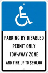 NMC - "Parking By Disabled Permit Only Tow-Away Zone And Fine Up To $250", "Handicap Symbol", 12" Wide x 18" High, Aluminum ADA Signs - 0.063" Thick, White on Blue, Rectangle, Post Mount - Exact Tooling