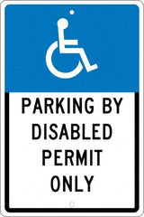 NMC - "Parking By Disabled Permit Only", "Handicap Symbol", 12" Wide x 18" High, Aluminum ADA Signs - 0.063" Thick, White on Blue, Rectangle, Post Mount - Exact Tooling