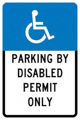 NMC - "Parking By Disabled Permit Only", "Handicap Symbol", 12" Wide x 18" High, Aluminum ADA Signs - 0.04" Thick, White on Blue, Rectangle, Post Mount - Exact Tooling