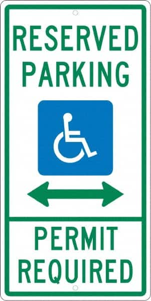 NMC - "Reserved Parking Permit Required", "Handicap Symbol", 12" Wide x 24" High, Aluminum ADA Signs - 0.063" Thick, Green & Blue on White, Rectangle, Post Mount - Exact Tooling