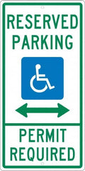 NMC - "Reserved Parking Permit Required", "Handicap Symbol", 12" Wide x 24" High, Aluminum ADA Signs - 0.063" Thick, Green & Blue on White, Rectangle, Post Mount - Exact Tooling