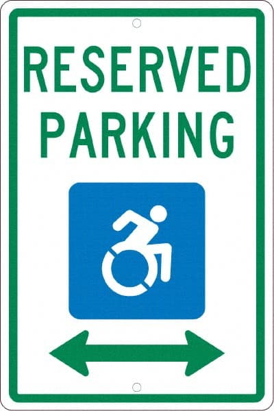 NMC - "Reserved Parking", "Handicap Symbol", 12" Wide x 18" High, Aluminum ADA Signs - 0.063" Thick, Green & Blue on White, Rectangle, Post Mount - Exact Tooling