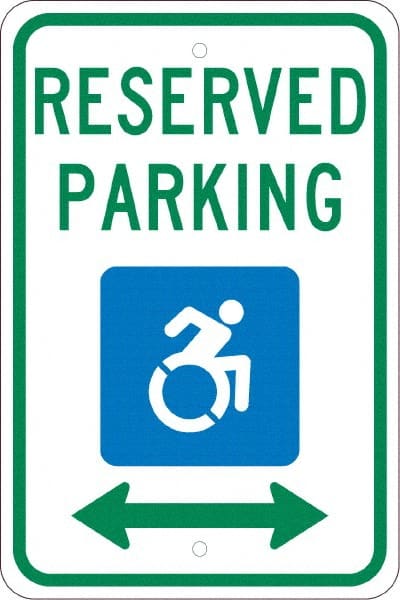 NMC - "Reserved Parking", "Handicap Symbol", 12" Wide x 18" High, Aluminum ADA Signs - 0.08" Thick, Green & Blue on White, Engineer Grade Reflectivity, Rectangle, Post Mount - Exact Tooling