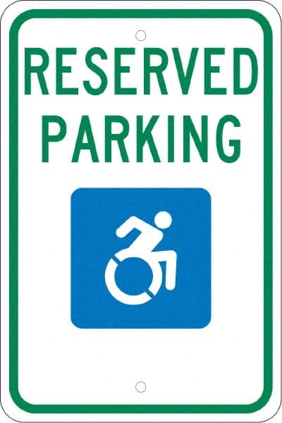 NMC - "Reserved Parking", "Handicap Symbol", 12" Wide x 18" High, Aluminum ADA Signs - 0.08" Thick, Green & Blue on White, Engineer Grade Reflectivity, Rectangle, Post Mount - Exact Tooling