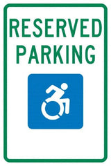NMC - "Reserved Parking", "Handicap Symbol", 12" Wide x 18" High, Aluminum ADA Signs - 0.04" Thick, Green & Blue on White, Rectangle, Post Mount - Exact Tooling