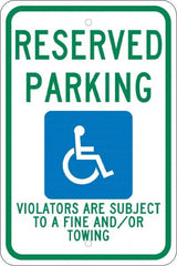 NMC - "Reserved Parking Violators Are Subject To A Fine And/Or Towing", "Handicap Symbol", 12" Wide x 18" High, Aluminum ADA Signs - 0.08" Thick, Green & Blue on White, Engineer Grade Reflectivity, Rectangle, Post Mount - Exact Tooling
