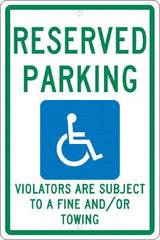 NMC - "Reserved Parking Violators Are Subject To A Fine And/Or Towing", "Handicap Symbol", 12" Wide x 18" High, Aluminum ADA Signs - 0.063" Thick, Green & Blue on White, Rectangle, Post Mount - Exact Tooling