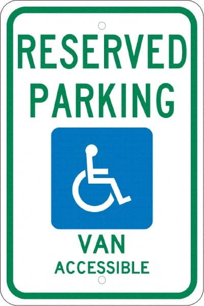 NMC - "Reserved Parking Van Accessible", "Handicap Symbol", 12" Wide x 18" High, Aluminum ADA Signs - 0.08" Thick, Green & Blue on White, Engineer Grade Reflectivity, Rectangle, Post Mount - Exact Tooling