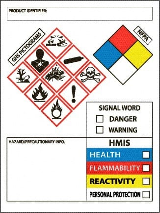 NMC - Hazardous Materials Label, Header: WARNING - Legend: GHS - Graphic, English, White, Red, Blue, Yellow & Black, 3" Long x 4" High, No Coating - Exact Tooling