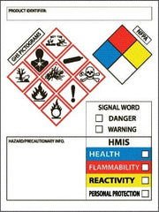 NMC - Hazardous Materials Label, Header: WARNING - Legend: GHS - Graphic, English, White, Red, Blue, Yellow & Black, 3" Long x 4" High, No Coating - Exact Tooling